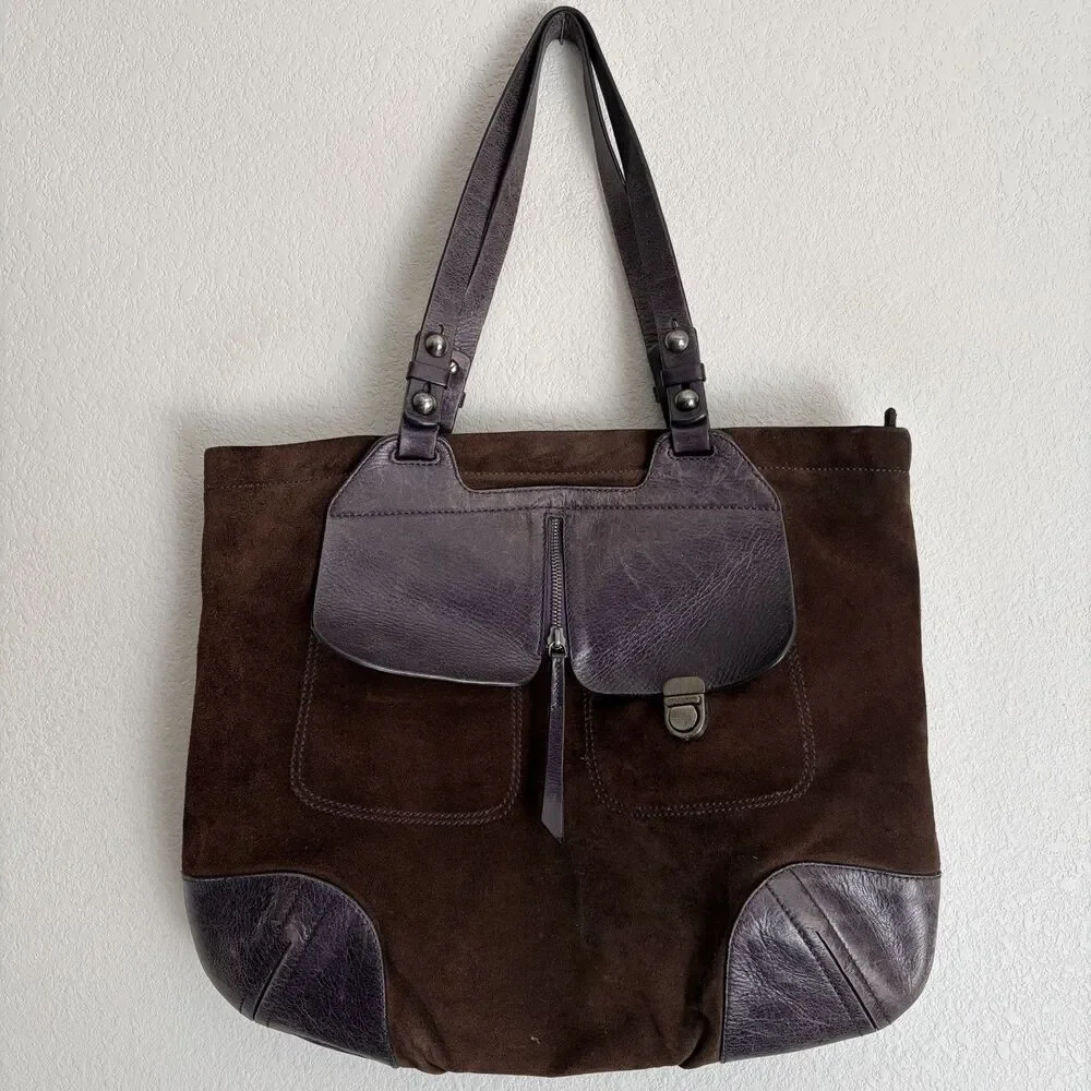 Francesco Biasia Brown/Purple Suede Leather Tote Shoulder Bag Large Y2K Boho